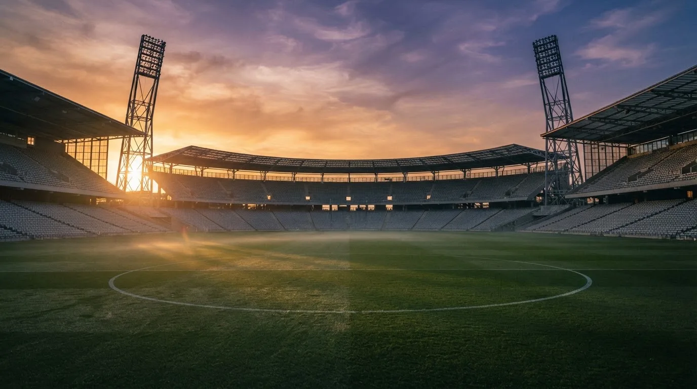 Un estadio de fútbol vacío con torres de iluminación al atardecer