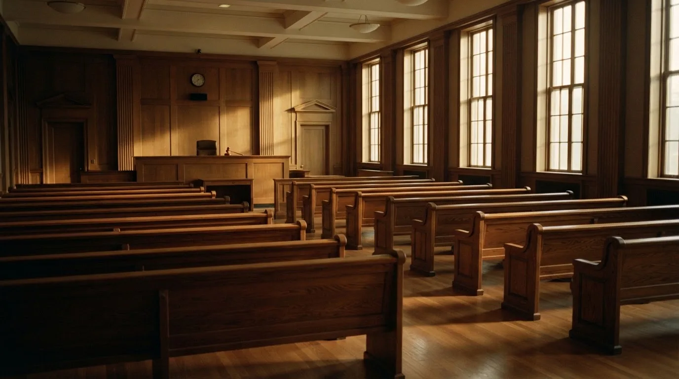 Una sala de tribunal vacía con bancos de madera a la luz de la mañana