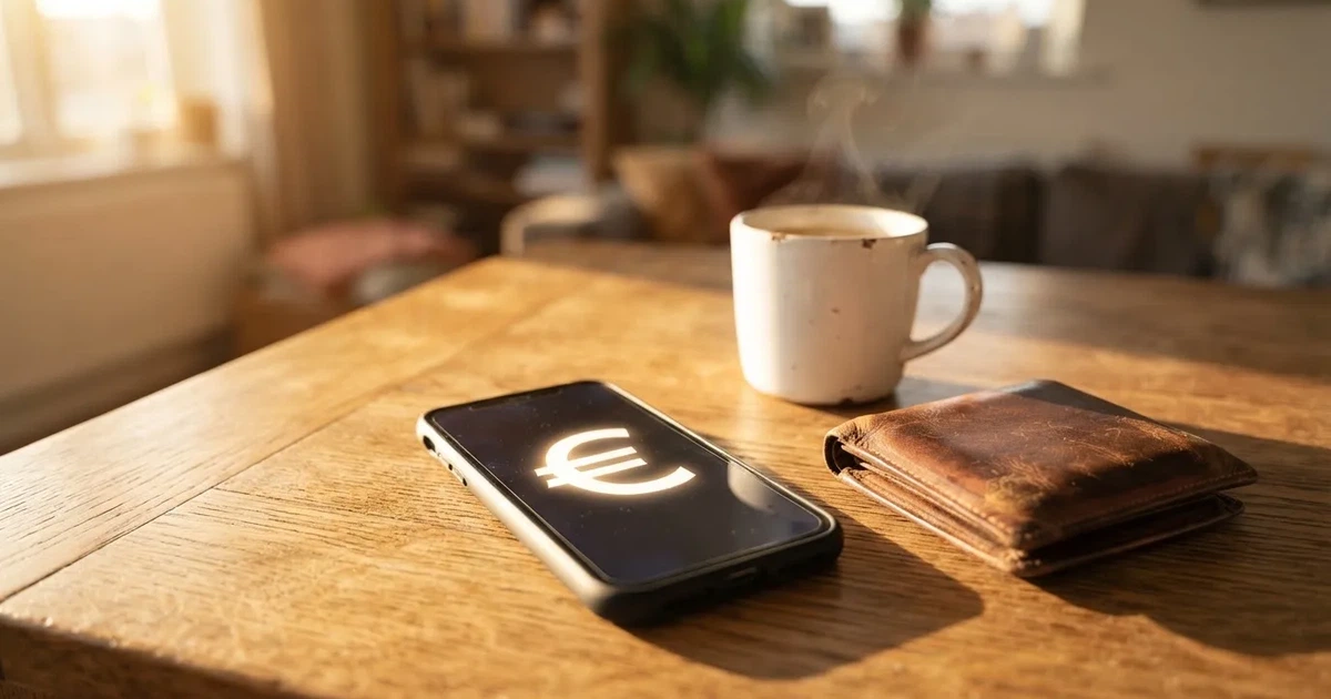 Un móvil sobre una mesa de madera junto a una cartera y una taza de café