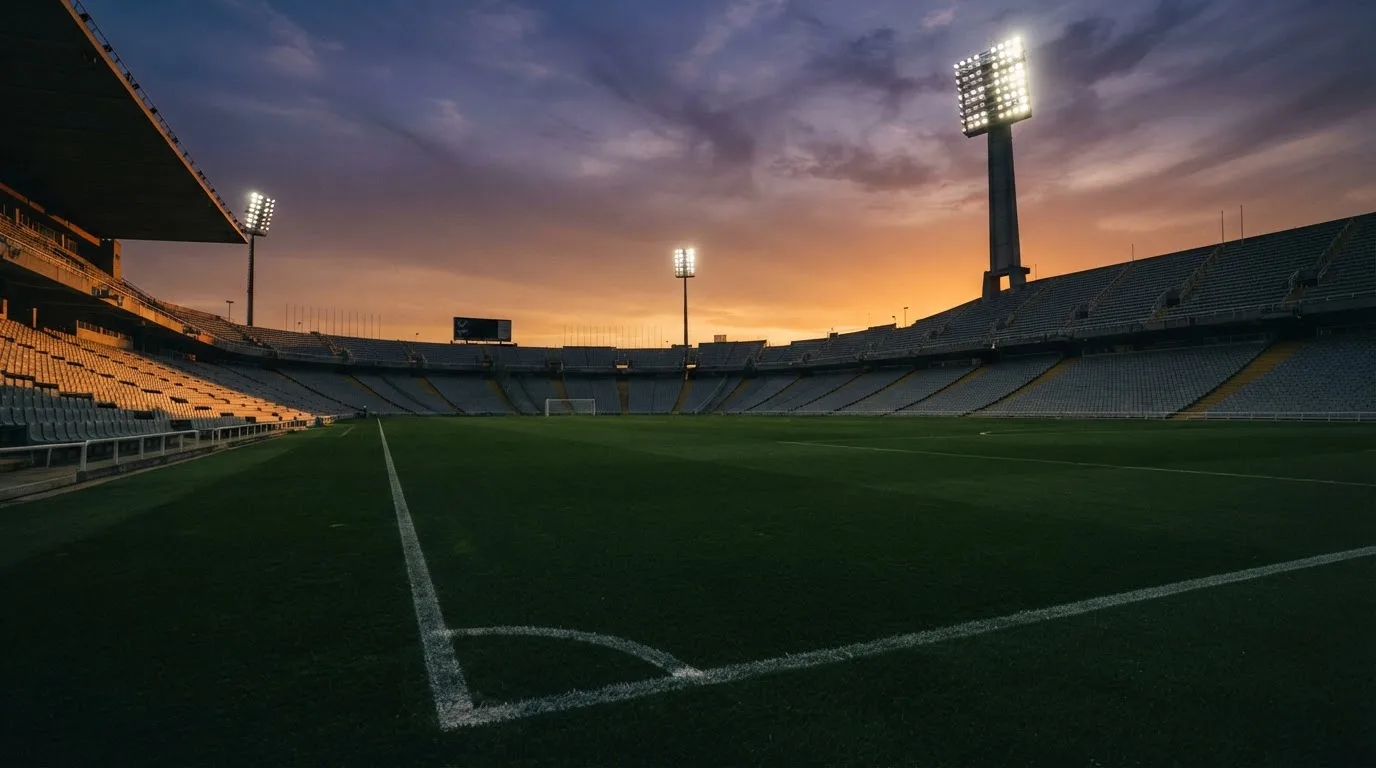 Un estadio de fútbol vacío con torres de iluminación al atardecer
