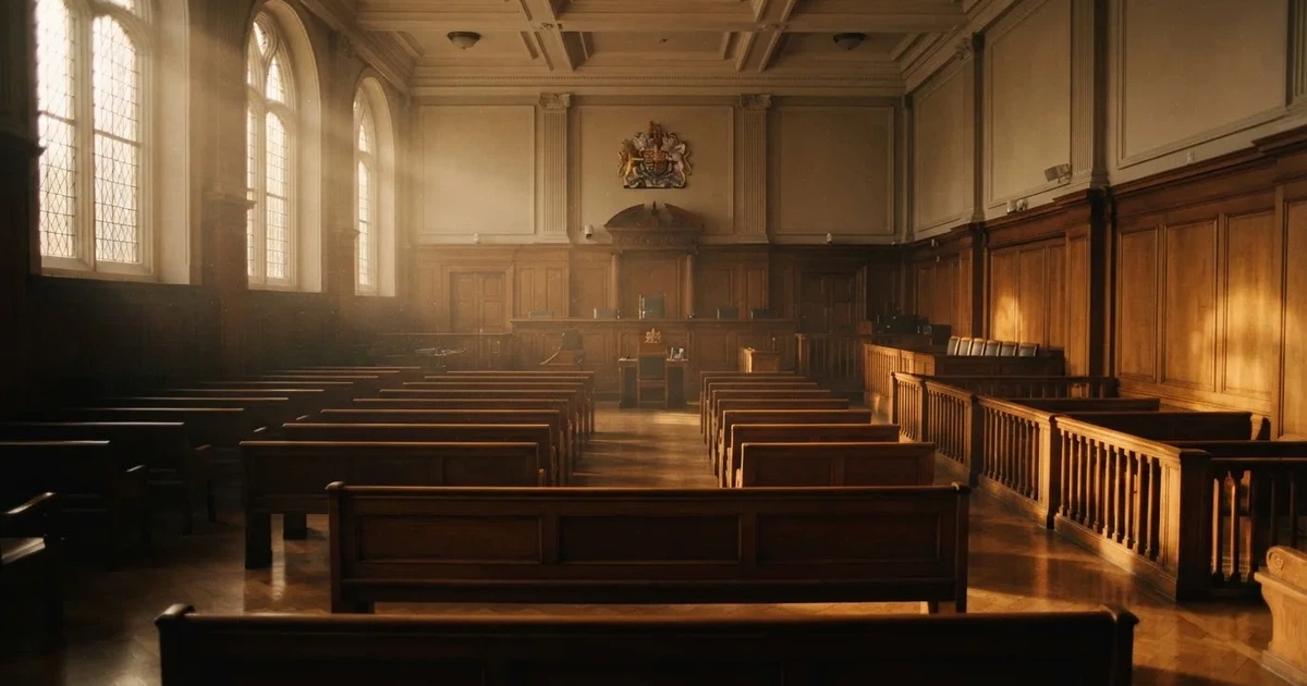 Una sala de tribunal vacía con bancos de madera a la luz de la mañana
