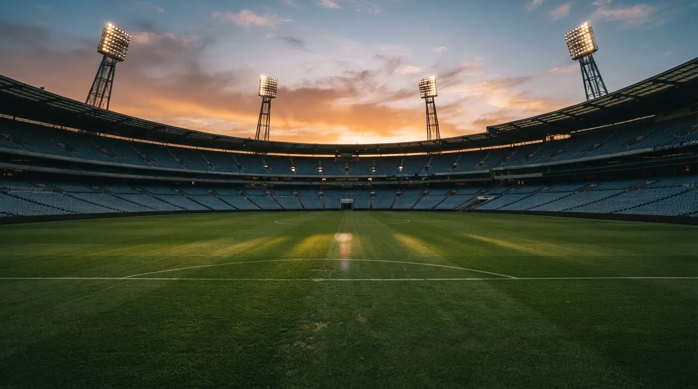 Un estadio de fútbol vacío con torres de iluminación al atardecer