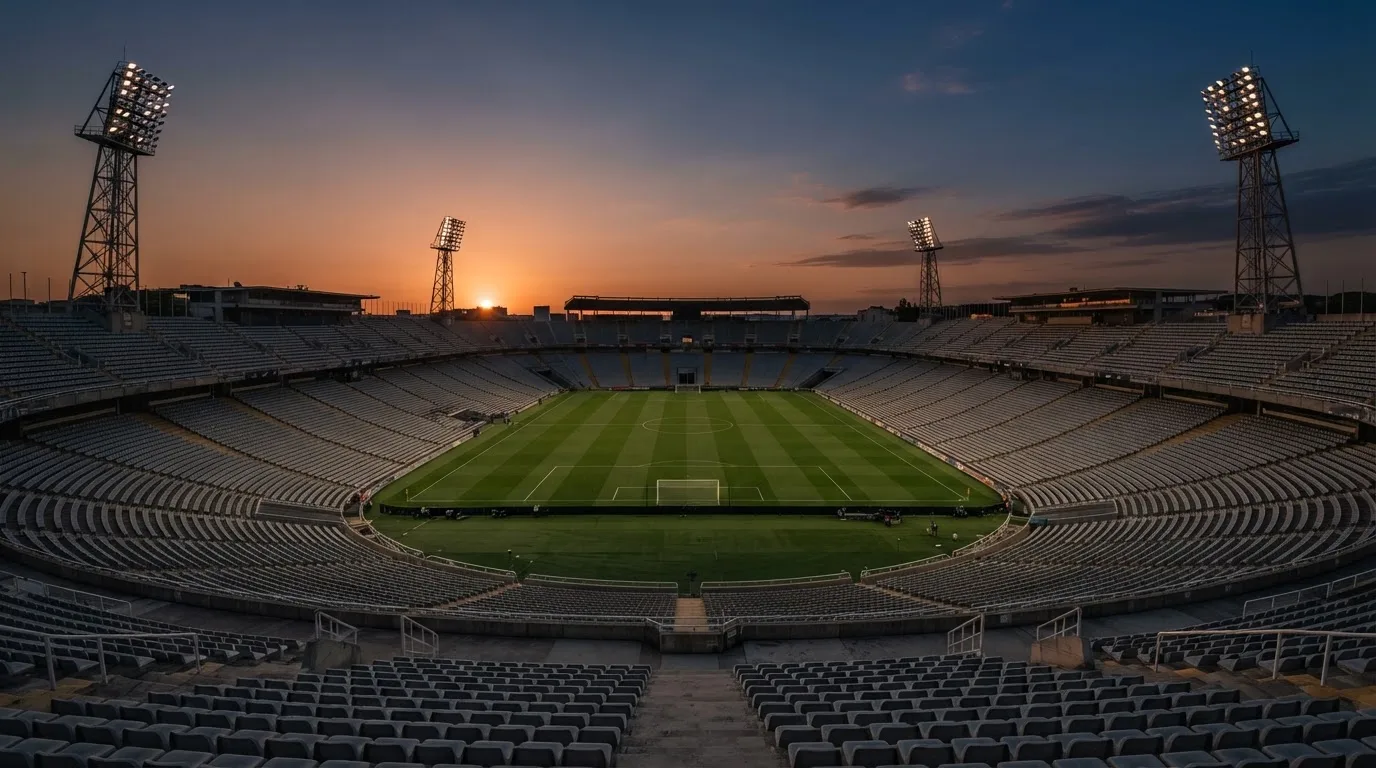 Un estadio de fútbol vacío con torres de iluminación al atardecer