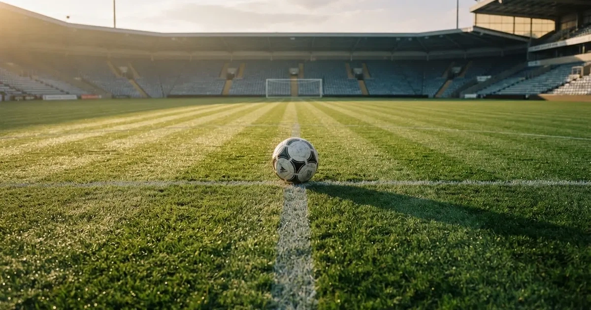 Un balón en el punto central de un campo de césped a la luz de la mañana