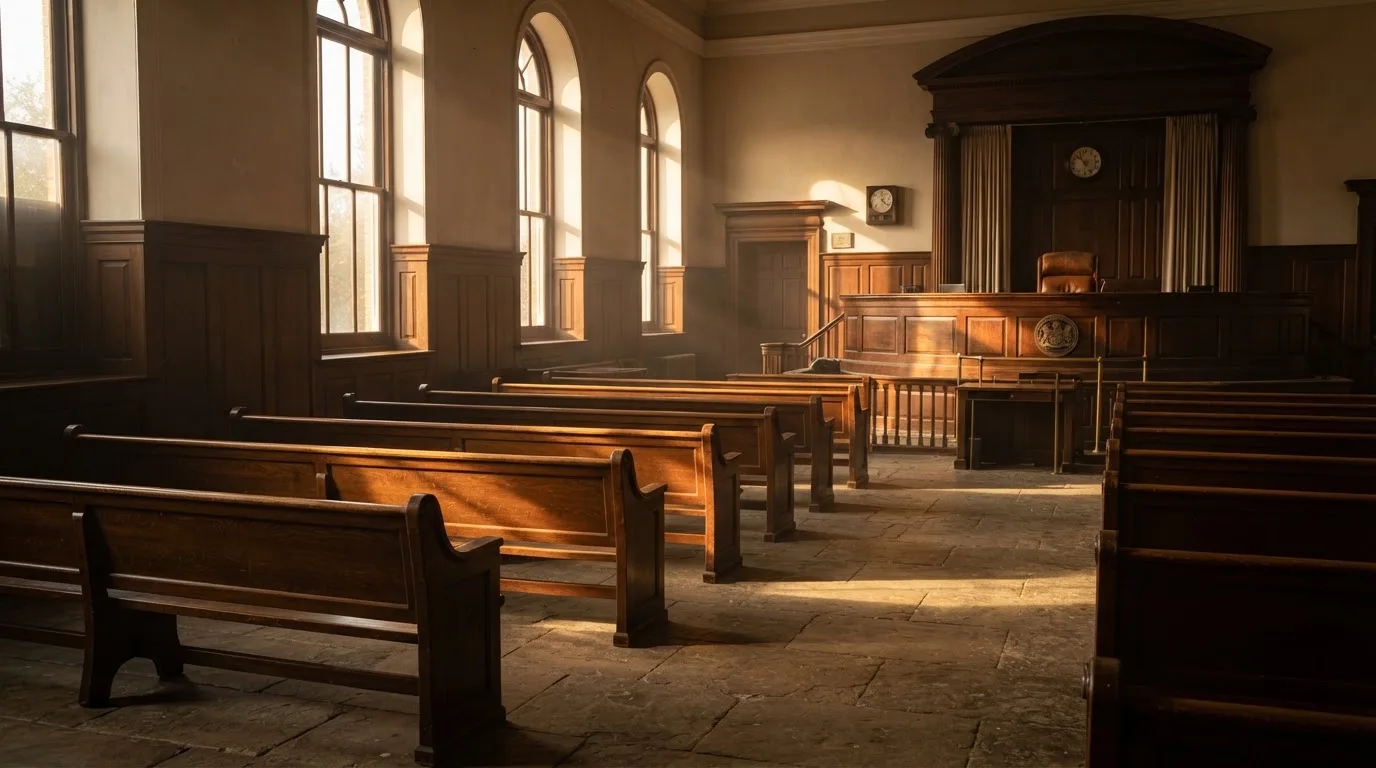 Una sala de tribunal vacía con bancos de madera a la luz de la mañana