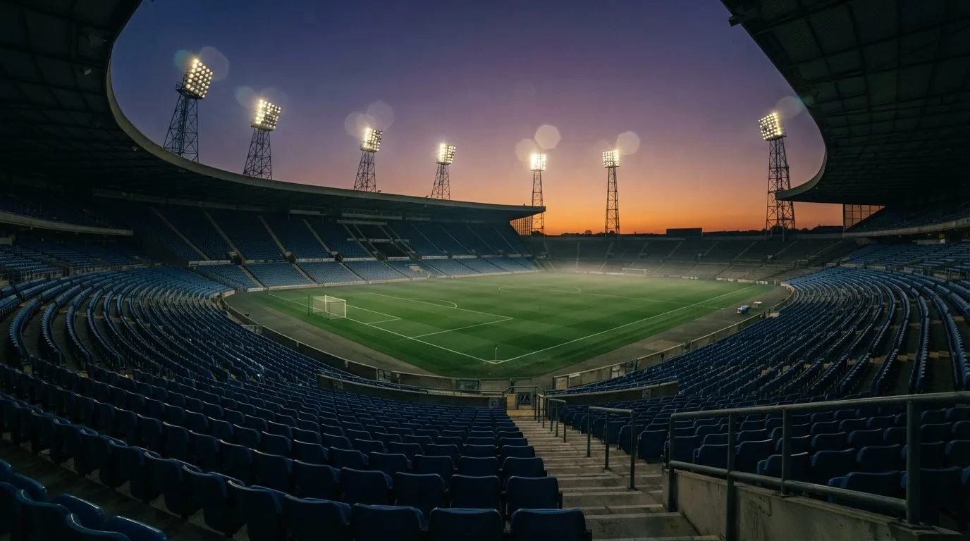 Un estadio de fútbol vacío con torres de iluminación al atardecer