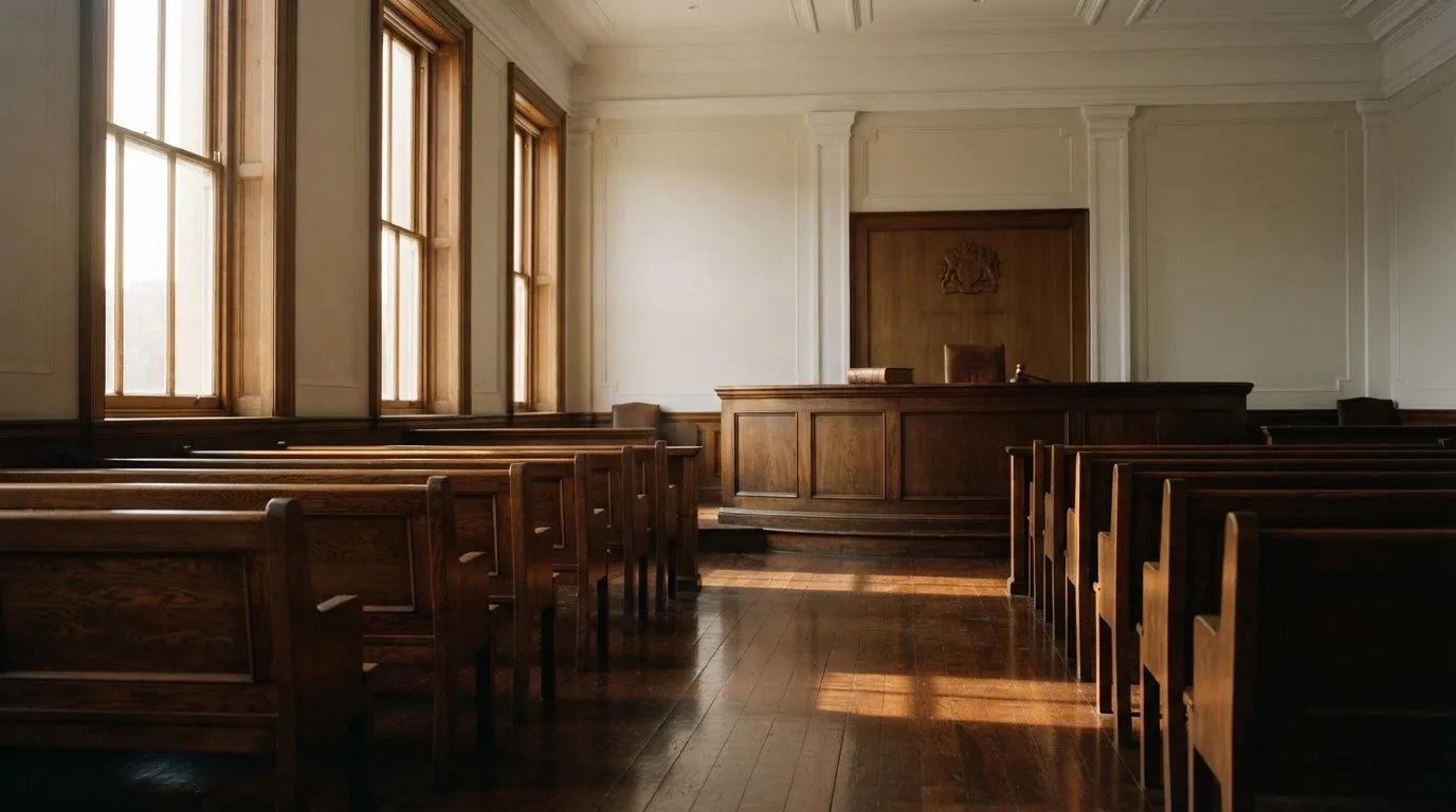 Una sala de tribunal vacía con bancos de madera a la luz de la mañana