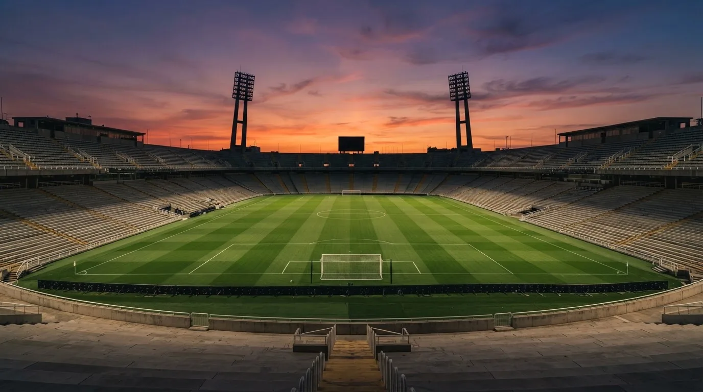 Un estadio de fútbol vacío con torres de iluminación al atardecer