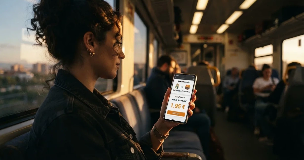 Una mano sostiene un móvil en el tren por la tarde, con la pantalla girada