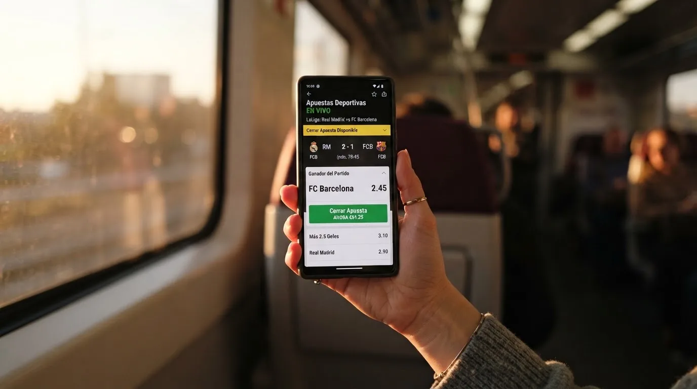 Una mano sostiene un móvil en el tren por la tarde, con la pantalla girada