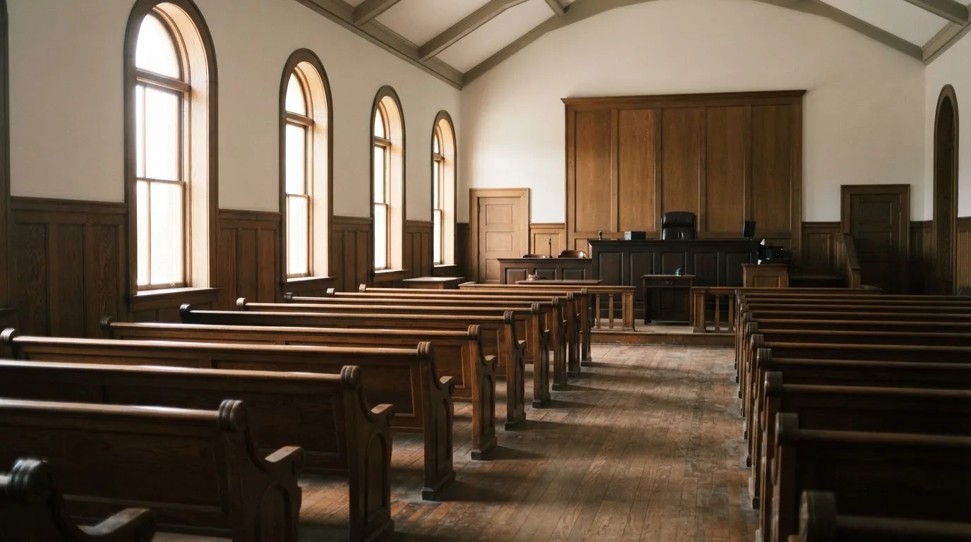 Una sala de tribunal vacía con bancos de madera a la luz de la mañana