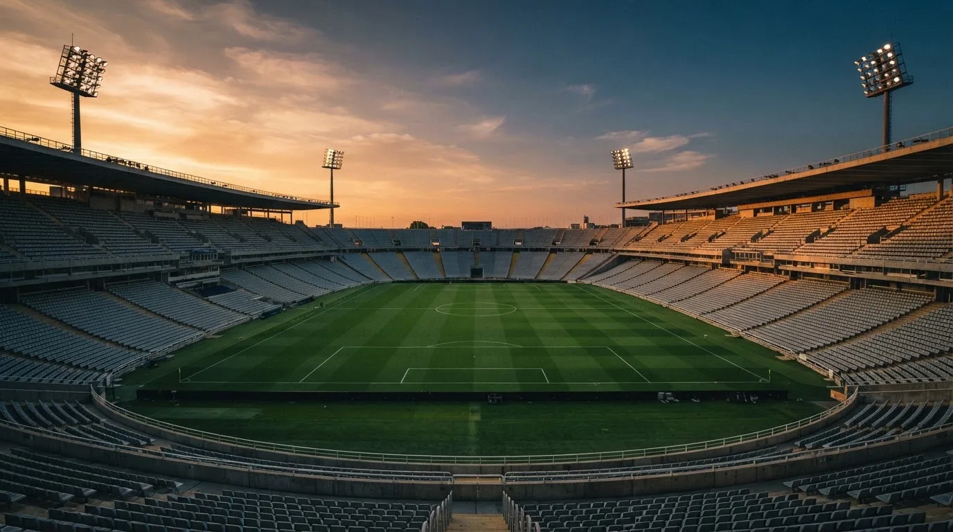Un estadio de fútbol vacío con torres de iluminación al atardecer
