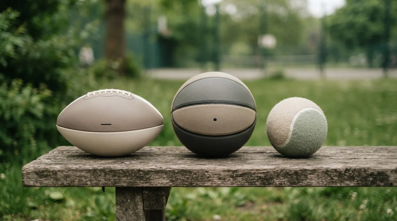 Tres balones de distintos tipos, uno junto a otro, sobre un banco de madera